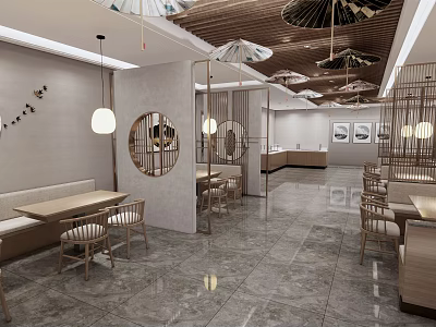 Elegant Modern Chinese Restaurant Interior With Hanging Lamps Round Mirrors And Wooden Tables 3d model