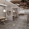 Elegant Modern Chinese Restaurant Interior With Hanging Lamps Round Mirrors And Wooden Tables