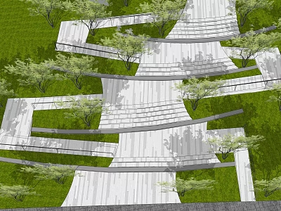 Modern Wooden Outdoor Stairs In Garden Landscape With Green Grass And Trees 3d model