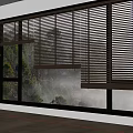 Wooden Blinds On Large Window With Light Wood Floor Framing Green Trees And Misty View
