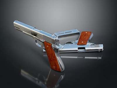 Detailed Shiny Silver Pistol With Wooden Grips And Disassembled Metal Parts 3d model