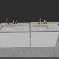 Modern Double Washbasin Vanity With White Cabinets Speckled Countertop Washing Machine And Potted Plant