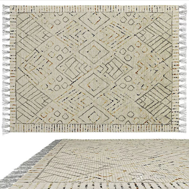 Square Rug With Geometric Patterns Neutral Tones Fringed Edges Woven Design 3d model