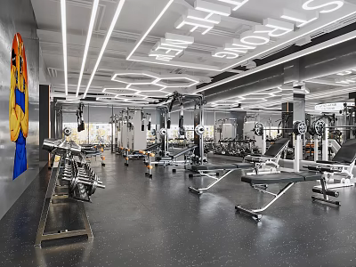 Modern Gym Interior With Various Fitness Equipment Dumbbells And Workout Benches 3d model