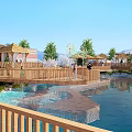 Waterfront Landscape Design With Large Pool Thatched Pavilions Greenery And Recreational Spaces