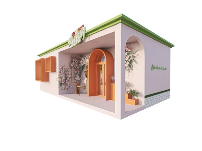 Pink Small Shop With Green Roof Arched Doorway And Hydrangea Plant Decorations 3d model