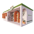 Pink Small Shop With Green Roof Arched Doorway And Hydrangea Plant Decorations