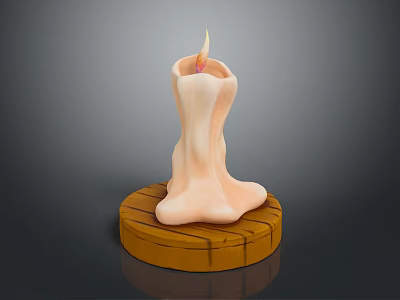 Burning Candle With Melting Wax On Wooden Base And Smooth Surface 3d model
