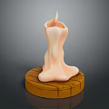 Burning Candle With Melting Wax On Wooden Base And Smooth Surface