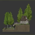 Miniature Decorative House Model Featuring Trees Grass Stream And Waterfall Landscape