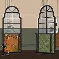 Arched Top Glass Panel Room Dividers With Metal Frames Colored Panels And Indoor Plants