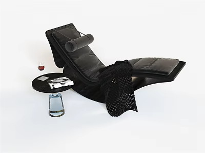 Black Leather Lounge Chair with Side Table Wine Glass Clear Bottle and Mesh Blanket 3d model