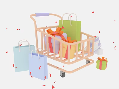 Shopping Cart With Colorful Gift Boxes And Shopping Bags Decorated With Red Petals For Ecommerce 3d model