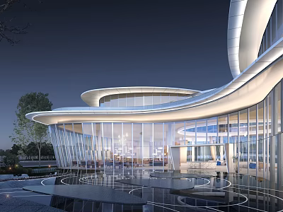 Modern Sales Office Building With Curved Architectural Design Glass Curtain Walls And Water Reflection 3d model