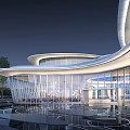 Modern Sales Office Building With Curved Architectural Design Glass Curtain Walls And Water Reflection