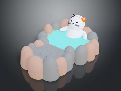 Cute Cartoon Cat Pet Bed With Blue Center And Gray Pink Semi Circular Borders 3d model