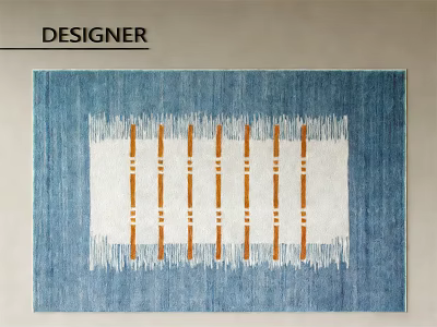 Designer Square Carpet With Blue White Base And Orange Vertical Stripes Fringed Edges 3d model