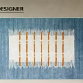 Designer Square Carpet With Blue White Base And Orange Vertical Stripes Fringed Edges
