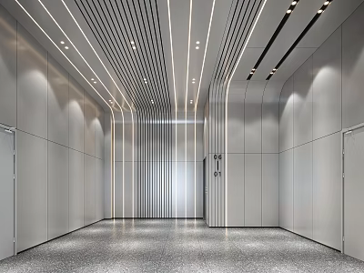 Modern Office Hallway with Gray Walls Metal Strips Ceiling Light Strips and Terrazzo Flooring 3d model