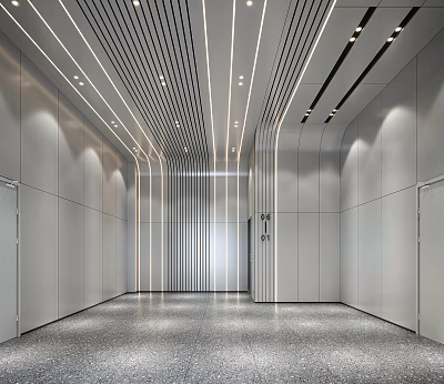 Modern Office Hallway with Gray Walls Metal Strips Ceiling Light Strips and Terrazzo Flooring 3d model
