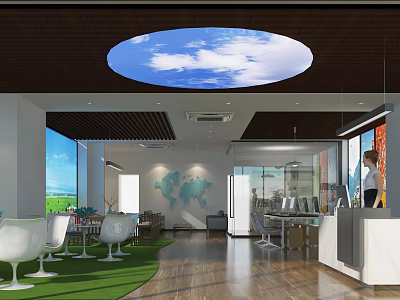 Modern Reception Desk Area With Circular Sky Ceiling Light Green Lawn And World Map Wall 3d model