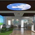 Modern Reception Desk Area With Circular Sky Ceiling Light Green Lawn And World Map Wall