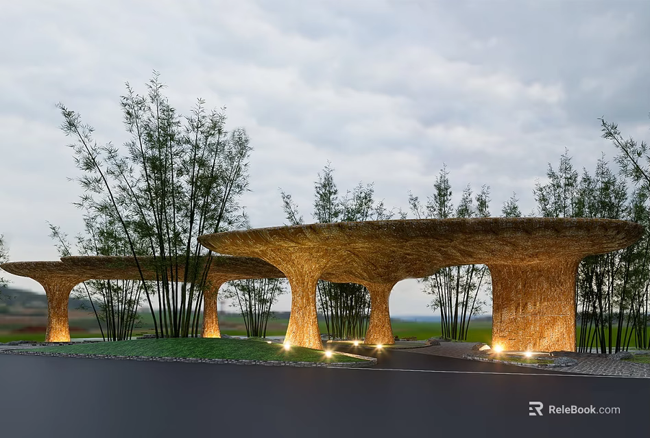 Outdoor Pergola With Curved Structure Natural Material Bamboo Trees And Soft Lighting 3d model 