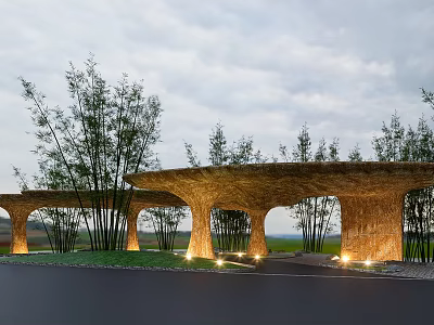 Outdoor Pergola With Curved Structure Natural Material Bamboo Trees And Soft Lighting 3d model