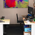 Organized Office Desk Setup With Computer Monitor Keyboard Mouse Potted Plant And Colorful Wall Painting