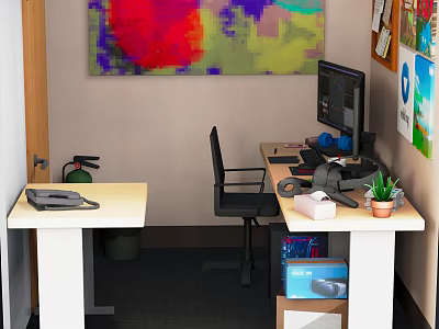Organized Office Desk Setup With Computer Monitor Keyboard Mouse Potted Plant And Colorful Wall Painting 3d model