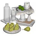 Decorative Ornament Set With Water Bottle Glass Cups Limes Pears Books And Marble Tray