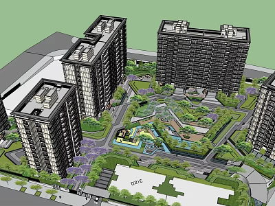 Modern High Rise Residential Complex With Central Landscaped Garden Walkways And Water Features 3d model