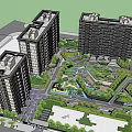 Modern High Rise Residential Complex With Central Landscaped Garden Walkways And Water Features