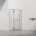 Modern Shower Head In Hexagonal Transparent Glass Shower Enclosure With Black Frame And Wall Niche