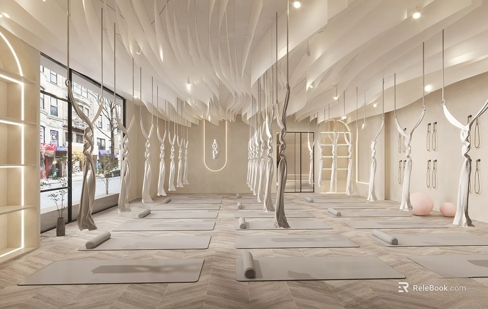 Spacious Yoga Fitness Studio With Aligned Mats And Natural Light For Workout Practice 3d model 