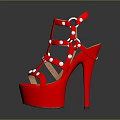 Red Strappy High Heels With Pearl Embellishments And Platform Stiletto Sole