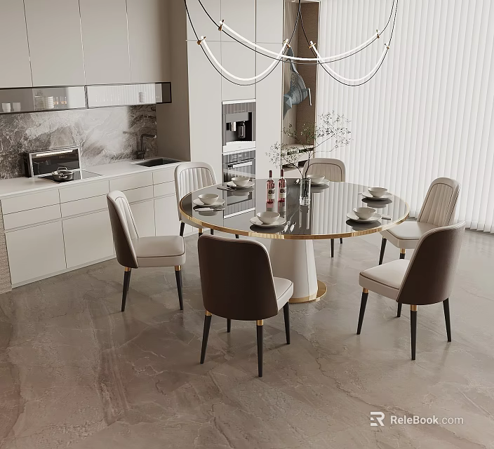 Elegant Modern Dining Table Set With Round Table Upholstered Chairs And Gold Accent Chandelier 3d model 