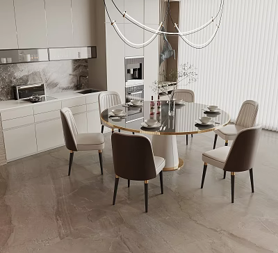 Elegant Modern Dining Table Set With Round Table Upholstered Chairs And Gold Accent Chandelier 3d model