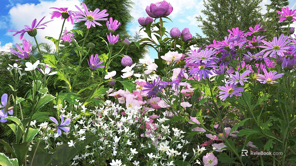 Vibrant Garden With Purple Pink And White Blooming Flowers And Green Foliage 3d model 