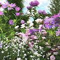 Vibrant Garden With Purple Pink And White Blooming Flowers And Green Foliage