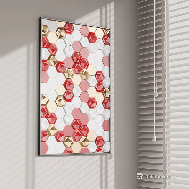 Geometric Wall Art With Red Gold White Hexagonal Patterns And Window Blinds 3d model