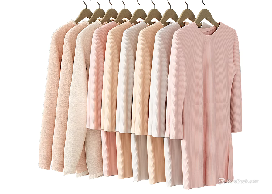 Long Sleeve Casual Clothes Hanging On Wooden Hangers In Various Light Colors 3d model 