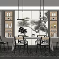 Chinese Restaurant Interior With Dining Table Chairs Bookshelves Pine Decor Painting Pendant Lights And Greenery