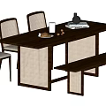 Dark Wood Rectangular Dining Table Set With Woven Back Chairs Bench And Rattan Details 3d model