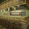 Traditional Japanese Restaurant Interior With Wooden Ceiling Washi Lanterns Wave Mural And Green Plants