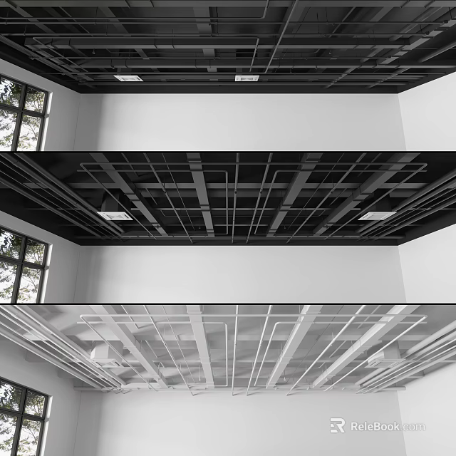 Modern Industrial Ceiling Pipes Arrangement With Black And White Installation Design 3d model 