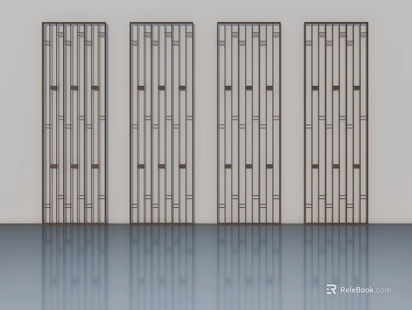 Four Modern Hinged Doors With Vertical Lattice Design And Wooden Frames 3d model