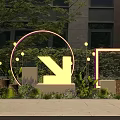 Garden Decor With Pink Neon Circle Yellow Arrow Green Plants Wooden Boxes And Small Lights