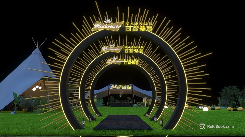 Park Landscape With Golden Arched Decoration Illuminated Lines Lawn Tent Black Carpet Path And Lights 3d model 