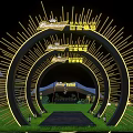 Park Landscape With Golden Arched Decoration Illuminated Lines Lawn Tent Black Carpet Path And Lights